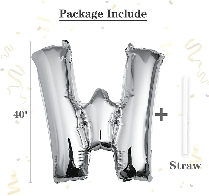 40 inch Silver Letter W Balloon, Big Size Alphabet Foil Mylar Helium Balloons - Image 2