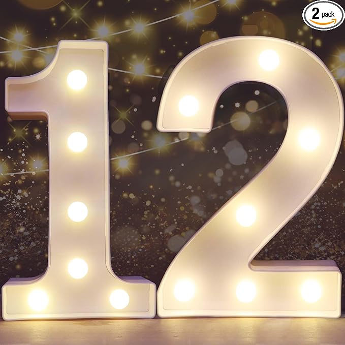 Pooqla Decorative LED Light Up Number Letters, White Plastic Marquee Lights Sign for 12th Birthday Party Wedding Decor, Battery Operated (12)