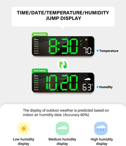 Digital Wall Clock, Digital Clock Large Display with Remote Control, Corded LED Alarm Clocks with Date, Week, Temp, Humidity, Auto DST, Countdown, for Living Room Bedroom Classroom Office (Green)