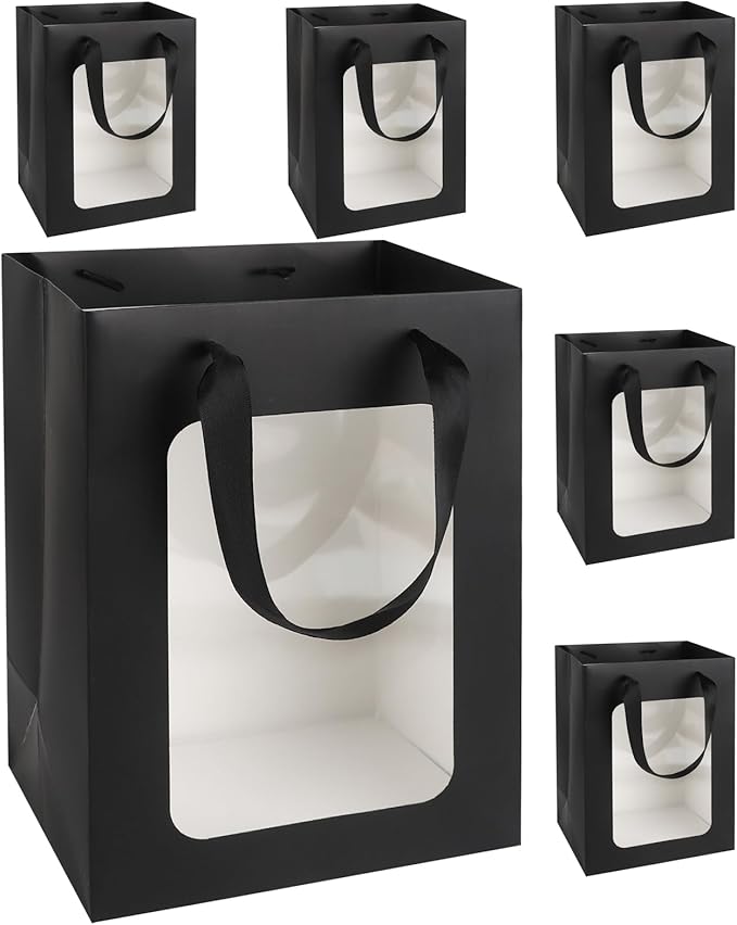 MOXARYSU 6 Pcs Black Gift Bags with Clear Window: 9.8x5.1x7.1 Inch Medium Kraft Paper Bags with Handle For Party Business Birthday Wedding (Black, 6p)