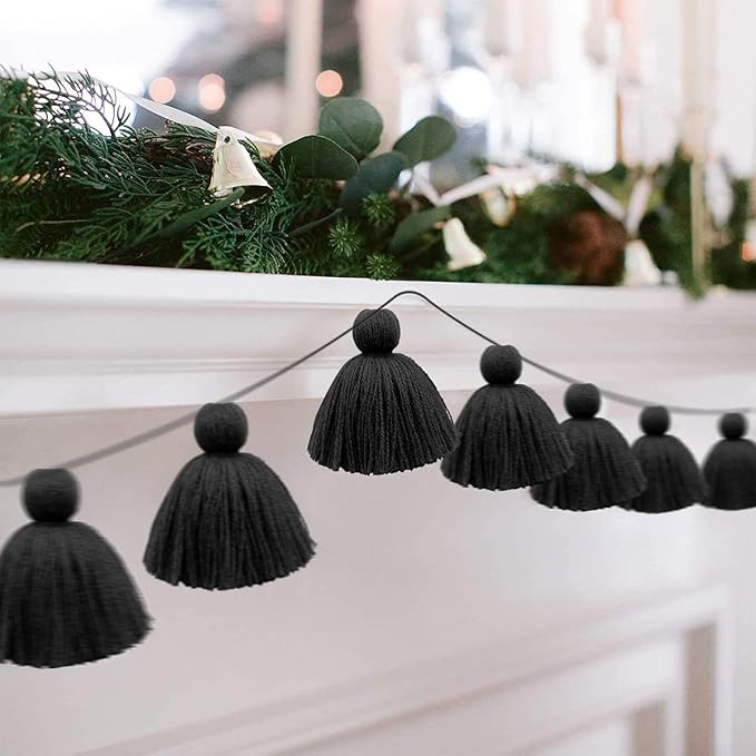 Big Size Tassel Garland H3.1in Polyester Yarn Black Pom Pom Tassel Banner by Binpeng