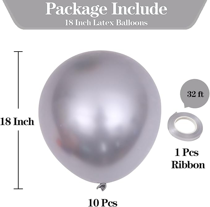 10pcs 18 inch Metallic Silver Balloons, Thick Latex Chrome Helium Balloons - Image 2