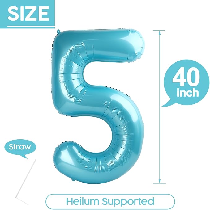 5 Balloon - Pastel Blue Birthday Number Balloons, 40 Inch Decorations | Pastel - Image 5