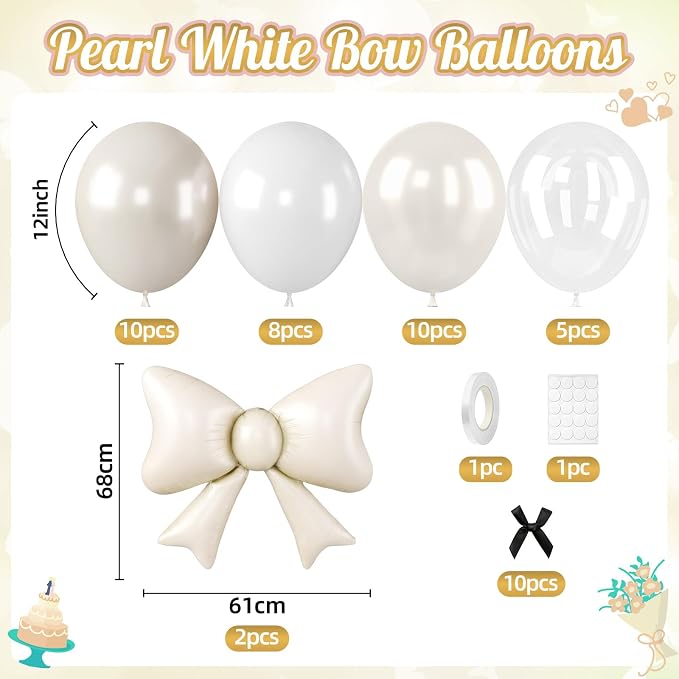 Pearl White Balloons, 35 Inch Cream Bow Balloon Foil, 12 Inch Clear Double - Image 2