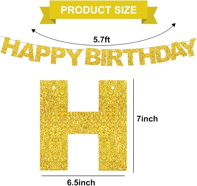 BEISHIDA Pre-Strung Glitter Gold Happy Birthday Banner Party Sign Decor | NO DIY - Image 2