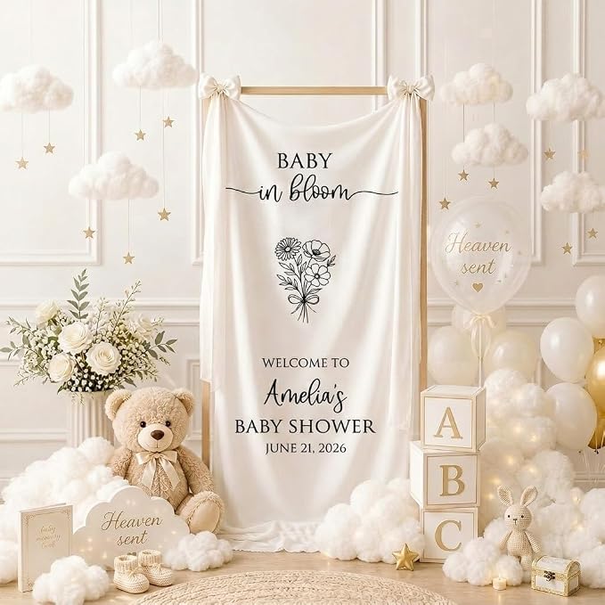 Personalized Baby in Bloom Baby Shower Fabric Welcome Sign Linen Backdrop 2 | - Image 3
