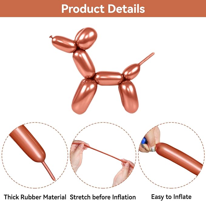 Metallic Rose Gold Long Balloons Premium 260 Twisting Animals Magic Balloons - Image 3