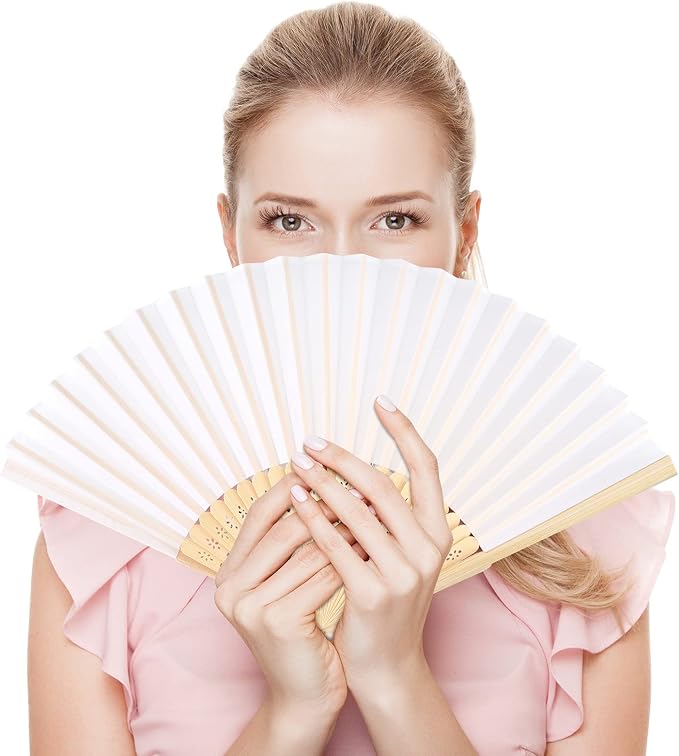 FEPITO 50 Pieces White Handheld Paper Fan | Paper Folding Fans - Image 6