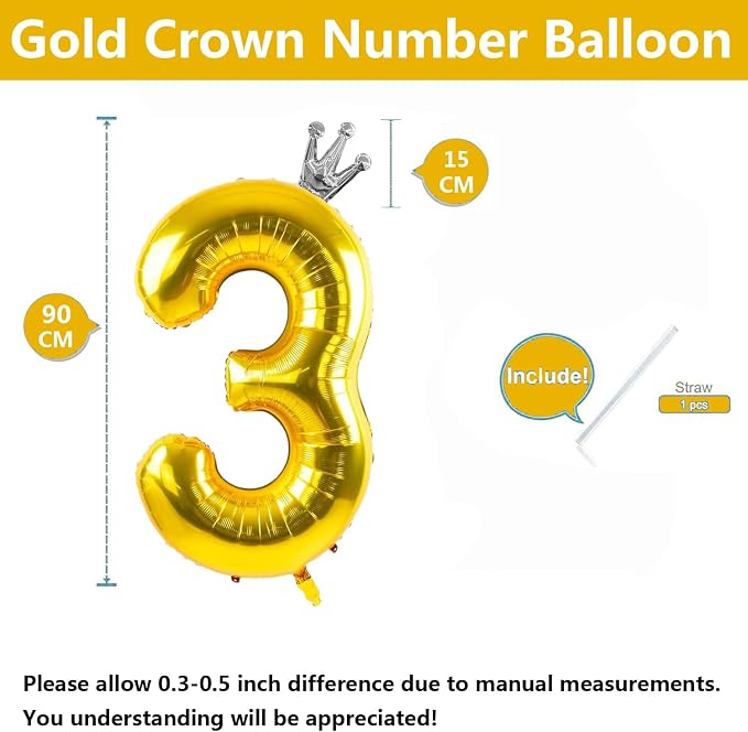 Gold Number 3 Balloon with Crown, 40 inch Gold Number Balloon 3rd Birthday - Image 2