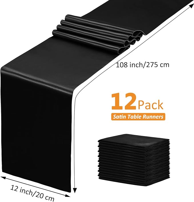 SiinvdaBZX 12 Pcs Black Satin Table Runner 12 x 108 inches Long | Bright Smooth - Image 2