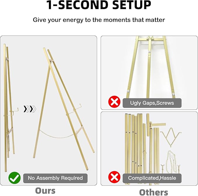 GRENTY 46.7" Gold Easel Stand for Wedding Signs – No Assembly Needed, Heavy Duty Metal Display Stand for Art, Welcome Signs, Posters, Pictures, Paintings, and Floor Décor