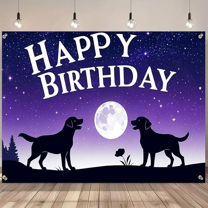 Happy Birthday Banner 71x43 Inch Dog Silhouette Moon Night Sky Backdrop - Image 3
