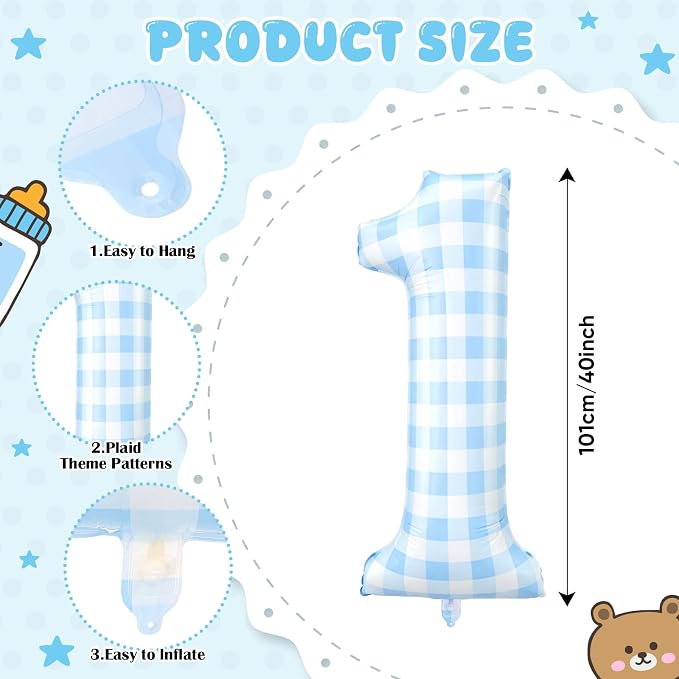 Jenaai 40 Inch Gingham 1st Balloon Large Number 1 Plaid Balloons - Image 2