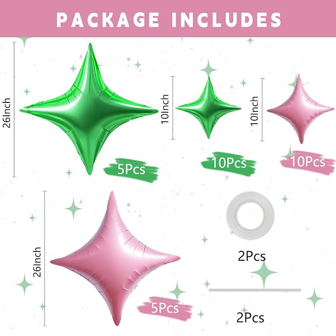 TONIFUL 30Pcs Four Pointed Star Balloon Light Pink Green Foil Balloon | 26In & - Image 2