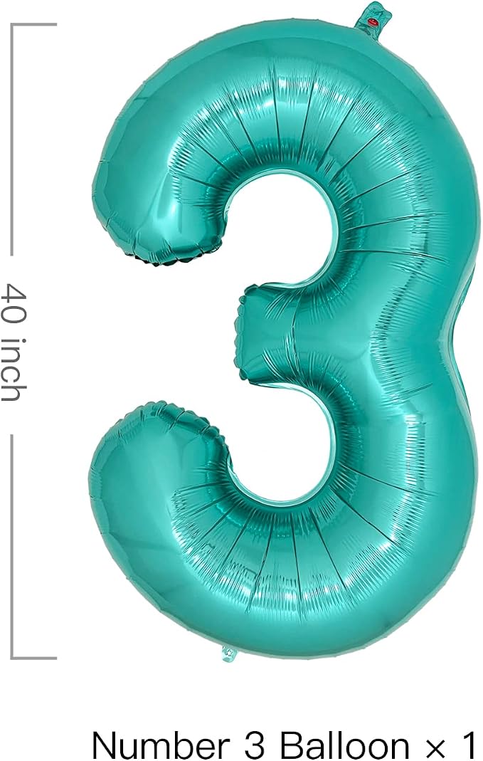 Teal Number 3 Balloons 40 Inch Large Turquoise Blue Foil Balloons - Image 2