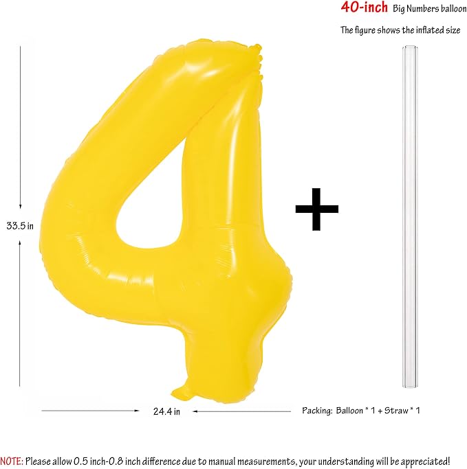 40 Inch Yellow Number 4 Foil Balloon Lemon Yellow Digital 4 Balloon | - Image 2