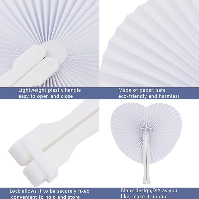Zwin 60PCS Heart Shaped Folding Paper Fans for Wedding White Plastic Handheld Pocket Paper Fans for Party Decorations