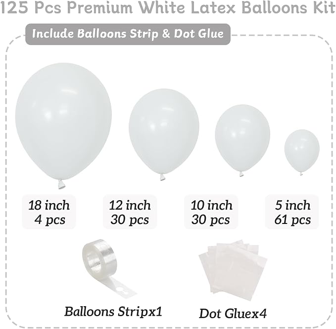 White Balloons 125 pcs Different Sizes Pack of 18 12 10 5 Inch Latex White - Image 2