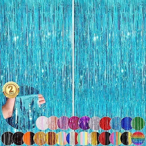 2Pack Blue Party Streamers 3.3x 8.3ft Foil Fringe Curtains Metallic Photo Booth by UWPVOWSR