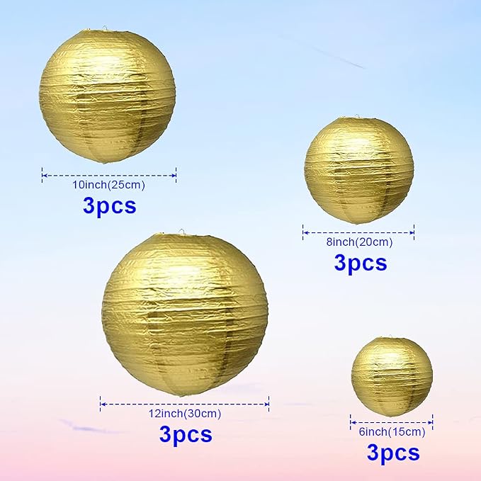 Gold Paper Lanterns 12 Pcs Assorted Size of 6" 8" 10" 12" Chinese Round Paper - Image 2