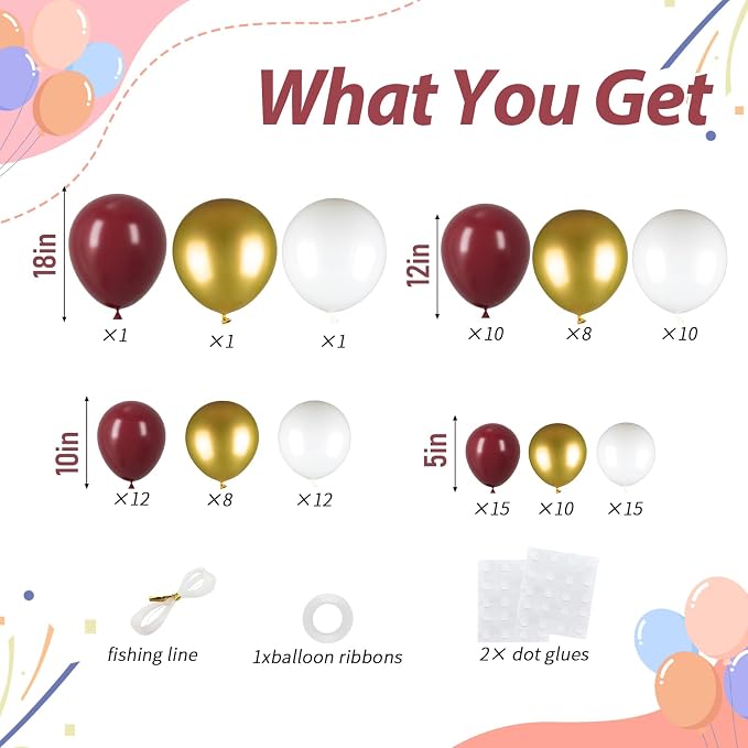 103pcs Burgundy, 18/12/10/5 Inch Maroon & Metallic Gold Balloons - Image 2