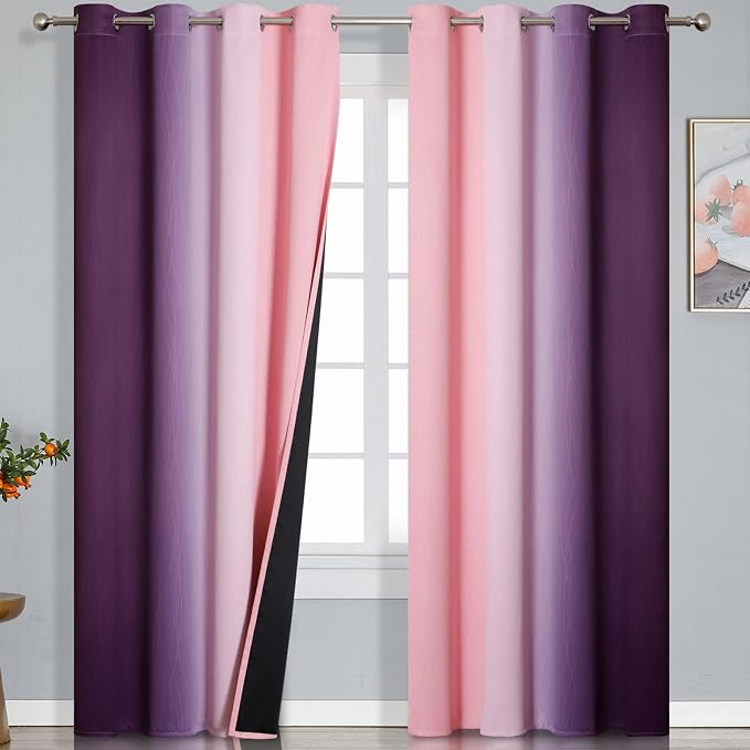 Ombre Pink and Purple Blackout Curtains 84 Inches Long, Full Room Darkening by ESTELARTEXTILER