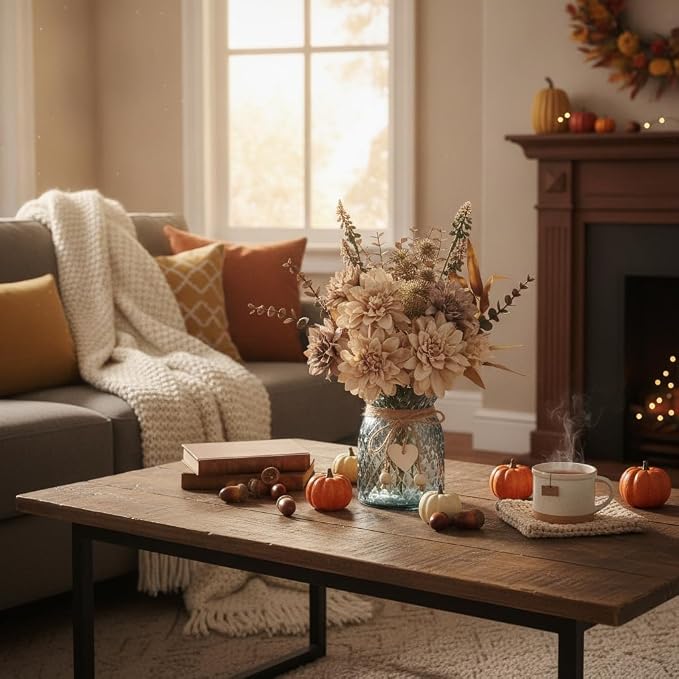Leftover Faux Flowers in Vase, Light Brown Fall Fake Flowers - Image 6