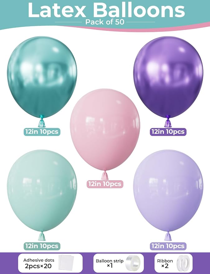 Mermaid Balloons, Glitter Metallic Purple Green Light Teal Balloon - Image 4