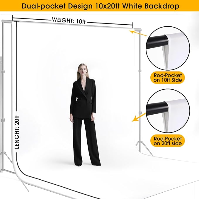 CPLIRIS 10x20ft White Backdrop for Photography, Dual-Size Dual-Pocket Design - Image 2