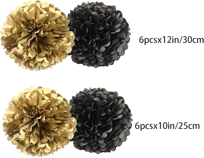 Black Gold Paper Pom Poms for Wedding Birthday Black Gold Party Decoration - Image 2