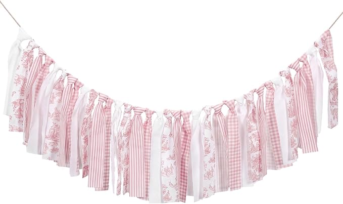 Fanfanwin Pink Floral Tassel Garland Farmhouse Fabric Hanging Banner 80 Inches - Image 6