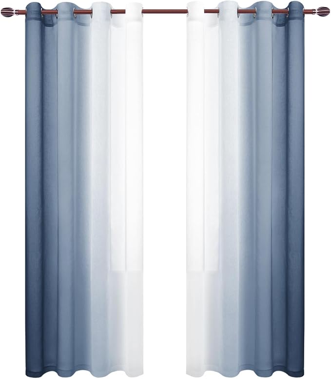 DWCN Blue Faux Linen Ombre Sheer Curtains - Image 7