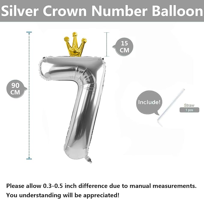 Silver Number 7 Balloon with Crown, 40 inch Silver Number Balloon 7th Birthday - Image 2