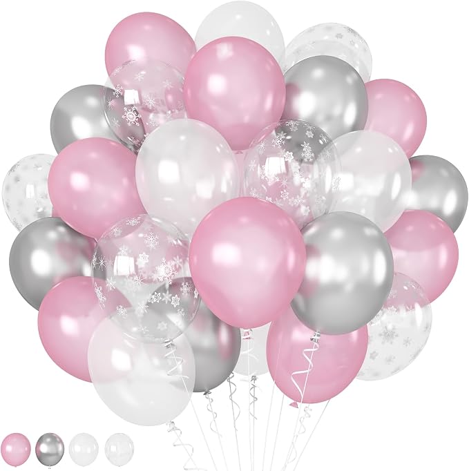 HILAVO Pink and Silver Balloons 12 Inch Winter Onederland Snowflake Balloon by HILAVO