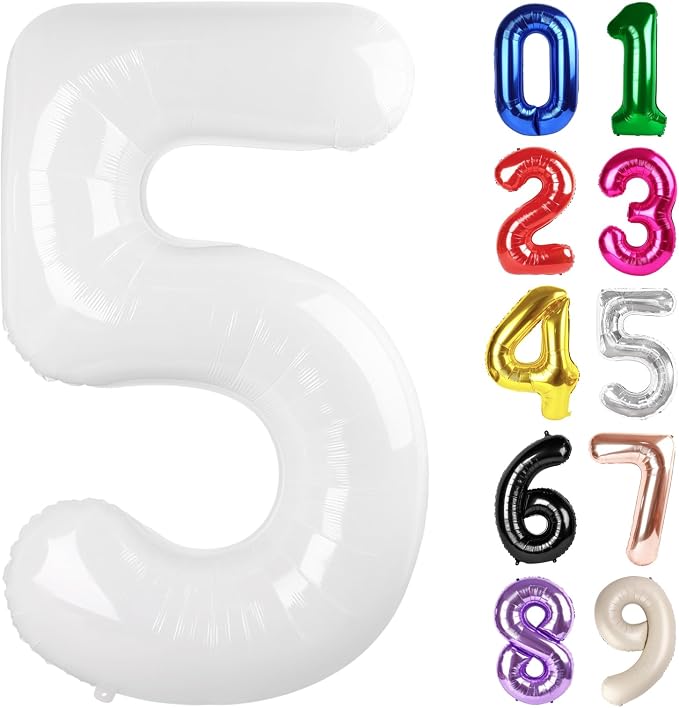 5 Balloon - White Birthday Number Balloons, 40 Inch Decorations Men Women | by ALPHADELTAPI