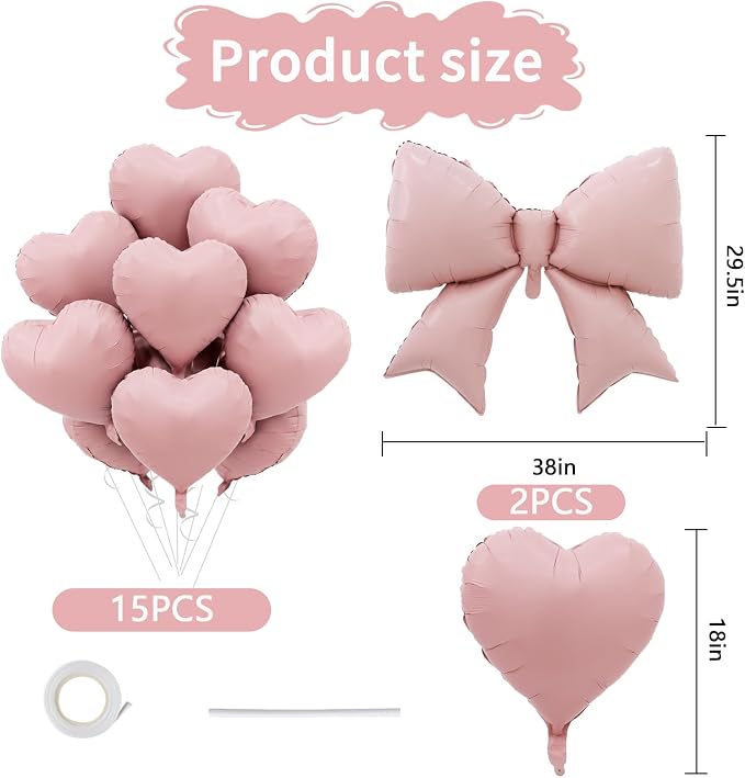 Vuzvuv 17 Pcs Big Pink Bow Pink Heart Helium Float Balloons Set - Image 2