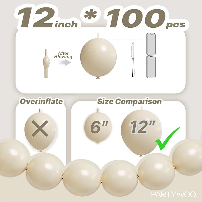 PartyWoo White Sand Linking Balloons 100pcs 12 Inch Off White Link Balloons | - Image 4