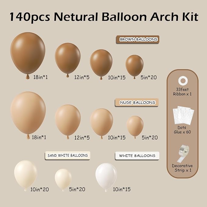 140Pcs Netural Balloon Garland Arch Kit, 5 10 12 18inch Brown Beige Nude Tan - Image 2