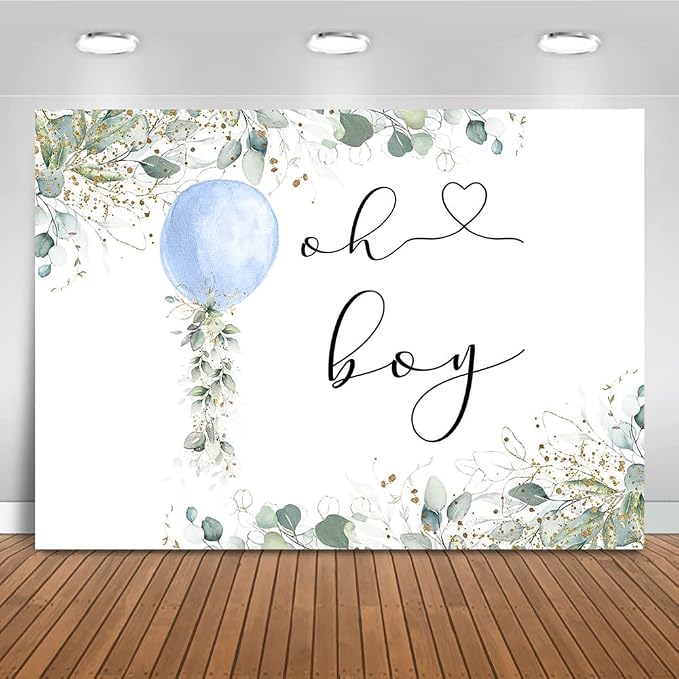 Mocsicka Oh Boy Watercolor Blue Balloon Backdrop Greenery Boy Baby Shower by Mocsicka