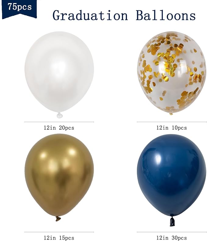 75pcs Navy Blue Gold Confetti Balloons, Dark Blue Pearl White Metallic Gold - Image 3