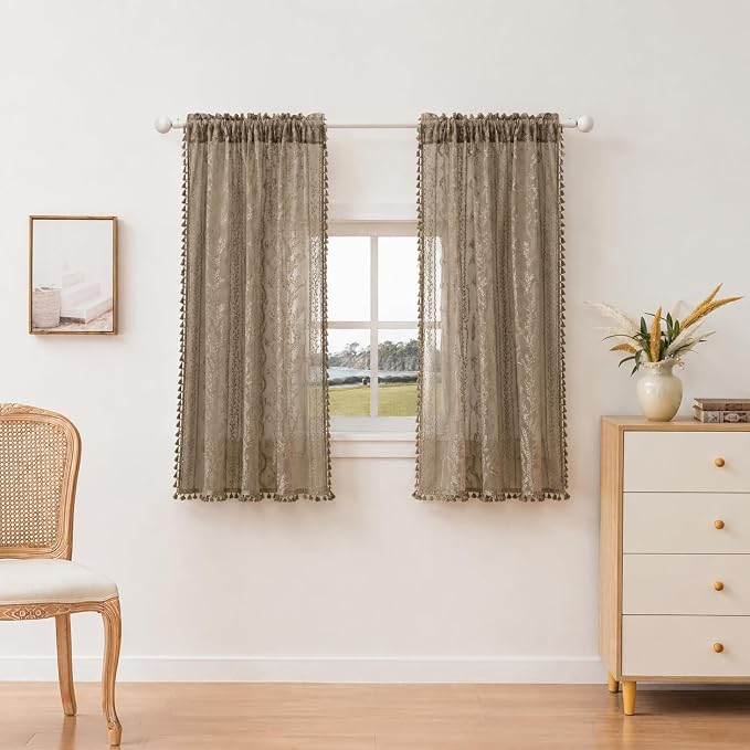 WAZZIO Boho Lace Curtains 2 Panels 63 Inch -Victorian Sheer Panel Drape French - Image 2