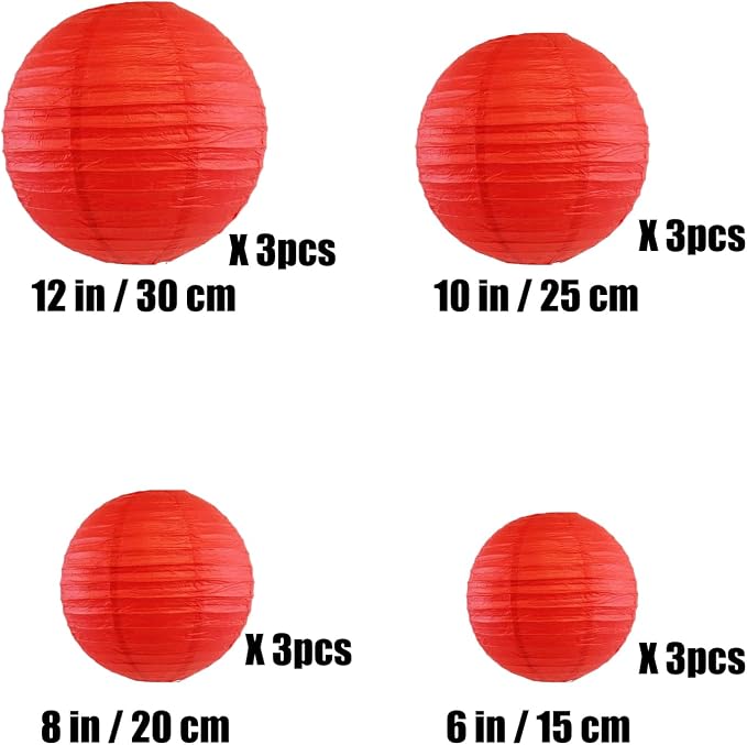 12Pcs 6, 12 Inch Mixed Sizes Red Paper Lanterns Decorative Chinese, Japanese - Image 2