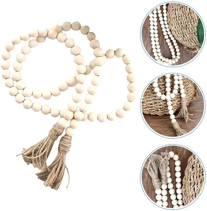 IMIKEYA Wood Bead Garland with Tassels 57In Natural Rustic Farmhouse Decor - Image 2