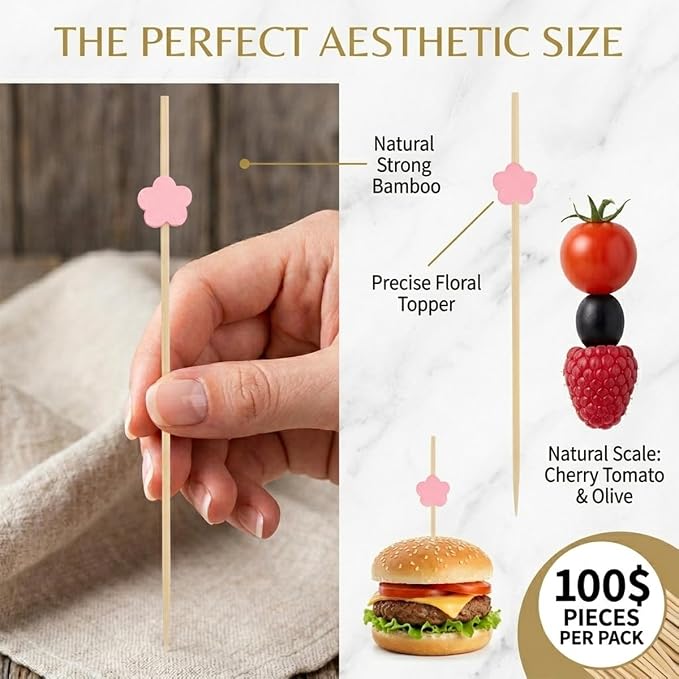 100Pcs 4.7" Pink Flower Cocktail Picks, Bamboo Toothpicks Appetizer Skewers | - Image 7