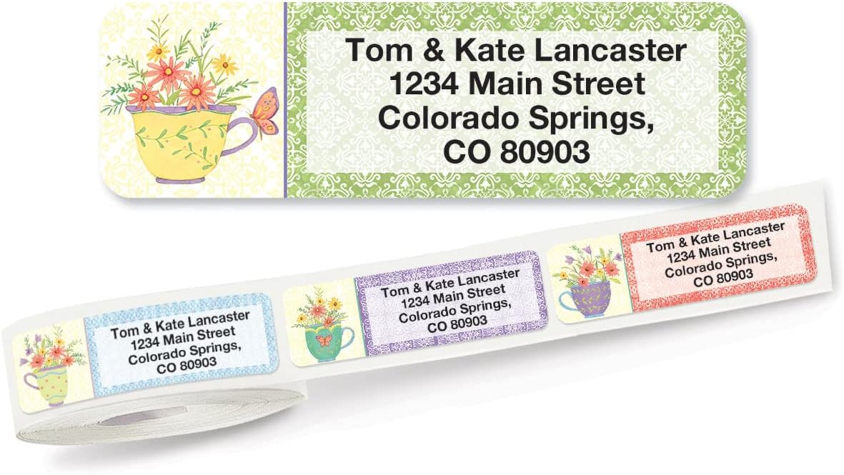 Teacups Rolled Personalized Return Address Mailing Labels with Dispenser, Set of 500, 5 Designs, Small ¾ x 2½ Inch Size, Custom Self-Adhesive Sticker Roll, by Colorful Images
