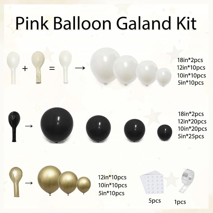 Black Gold White Balloons Arch Kit, Double Stuffed, Party. | Black, chrome gold - Image 2