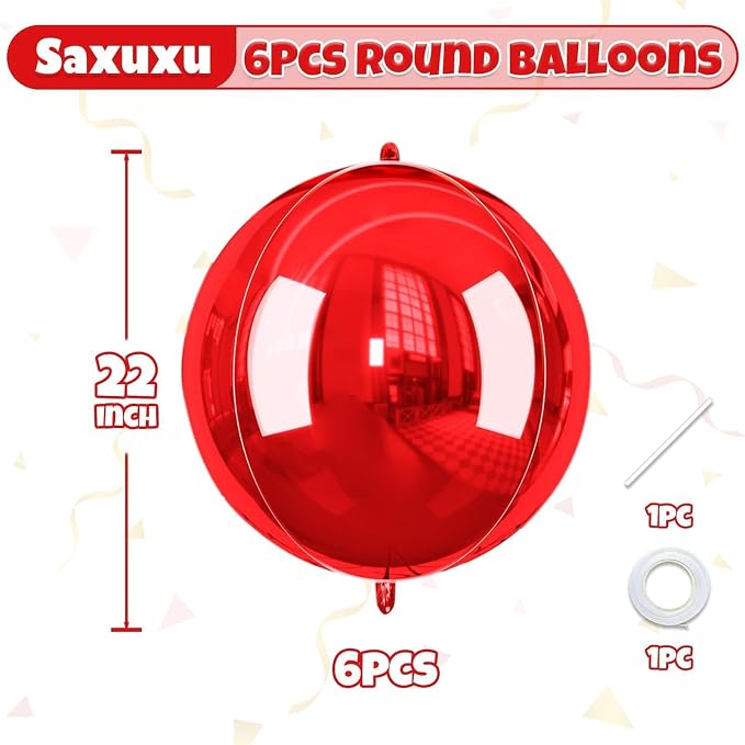 Red Round Foil Balloons, 22 Inch Red 4D Ball Balloons, Metallic Sphere Foil - Image 2