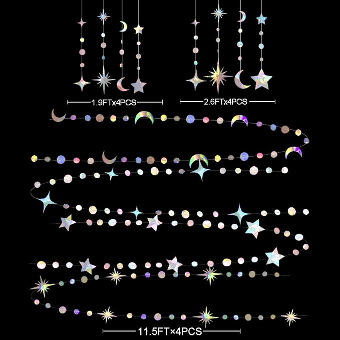 Iridescent Party Decorations Holographic Star Moon Circle Dot Garland Hanging - Image 2
