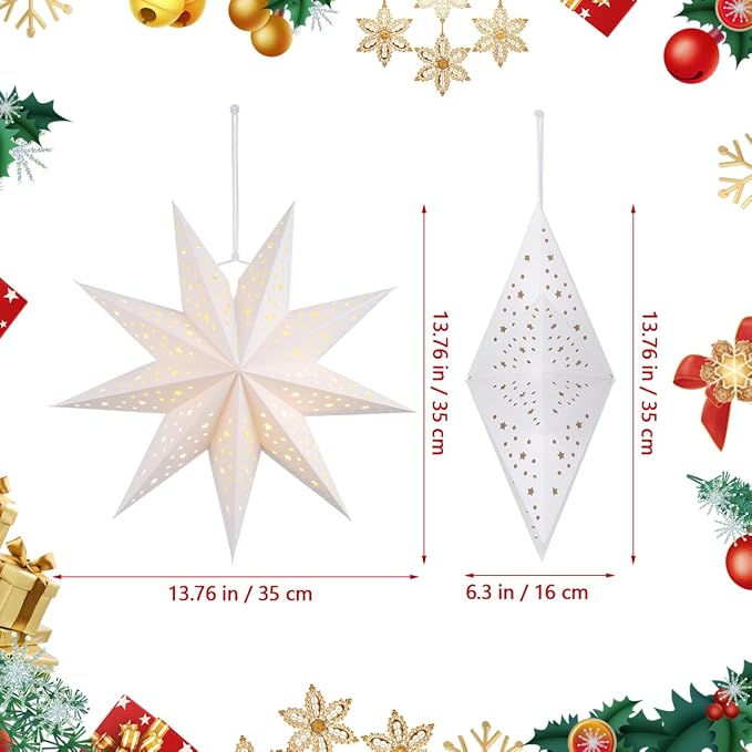 OSALADI 3Pcs Paper Star Lantern Lampshade 9 Pointed Star Hanging Decorations - Image 2