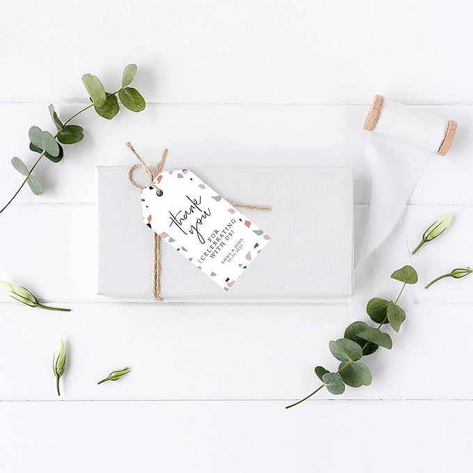 Andaz Press 100-Pack Personalized Thank You Tags with Bakers Twine Terrazzo Custom Cardstock Gift Tags for Wedding Party Favors 2 x 3.75-Inches
